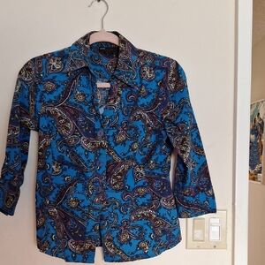 Grace Elements Blue Paisley Blouse Small Blur 3/4 Sleeve